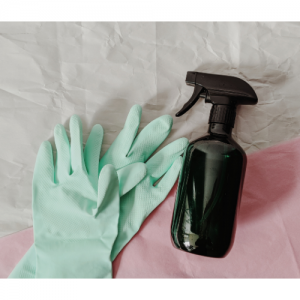 rubber gloves and cleaner spray bottle